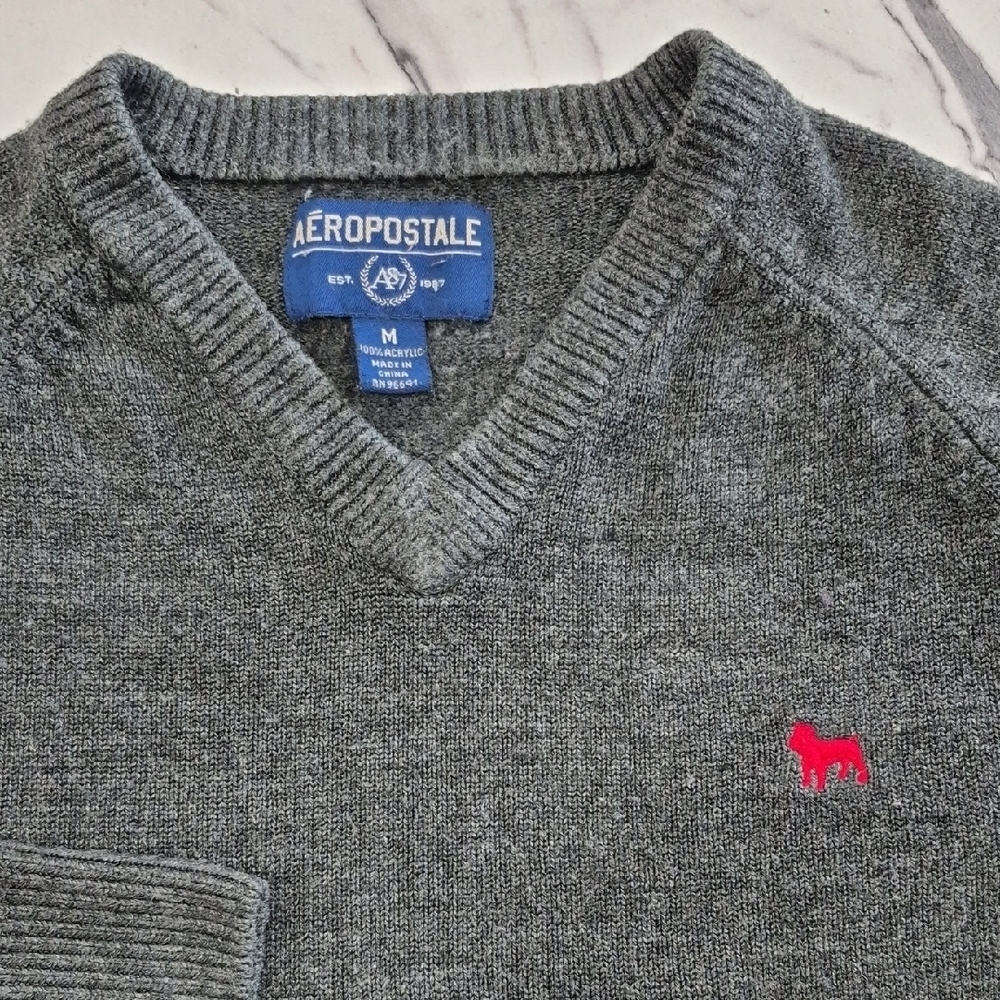 Aeropostale V Neck Acrylic Sweater, Mens Medium, Gray